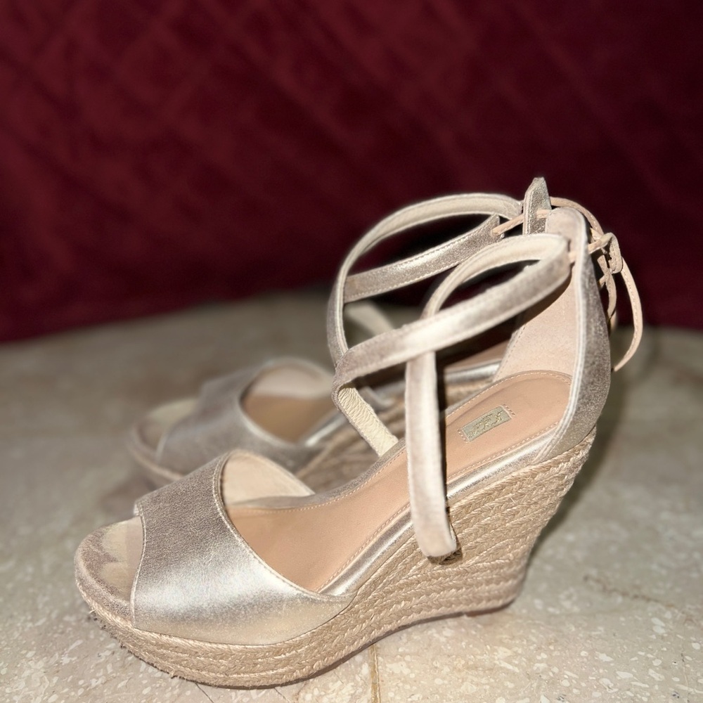 UGG Brand Leather Gold Wedge Sandals Size 7.5